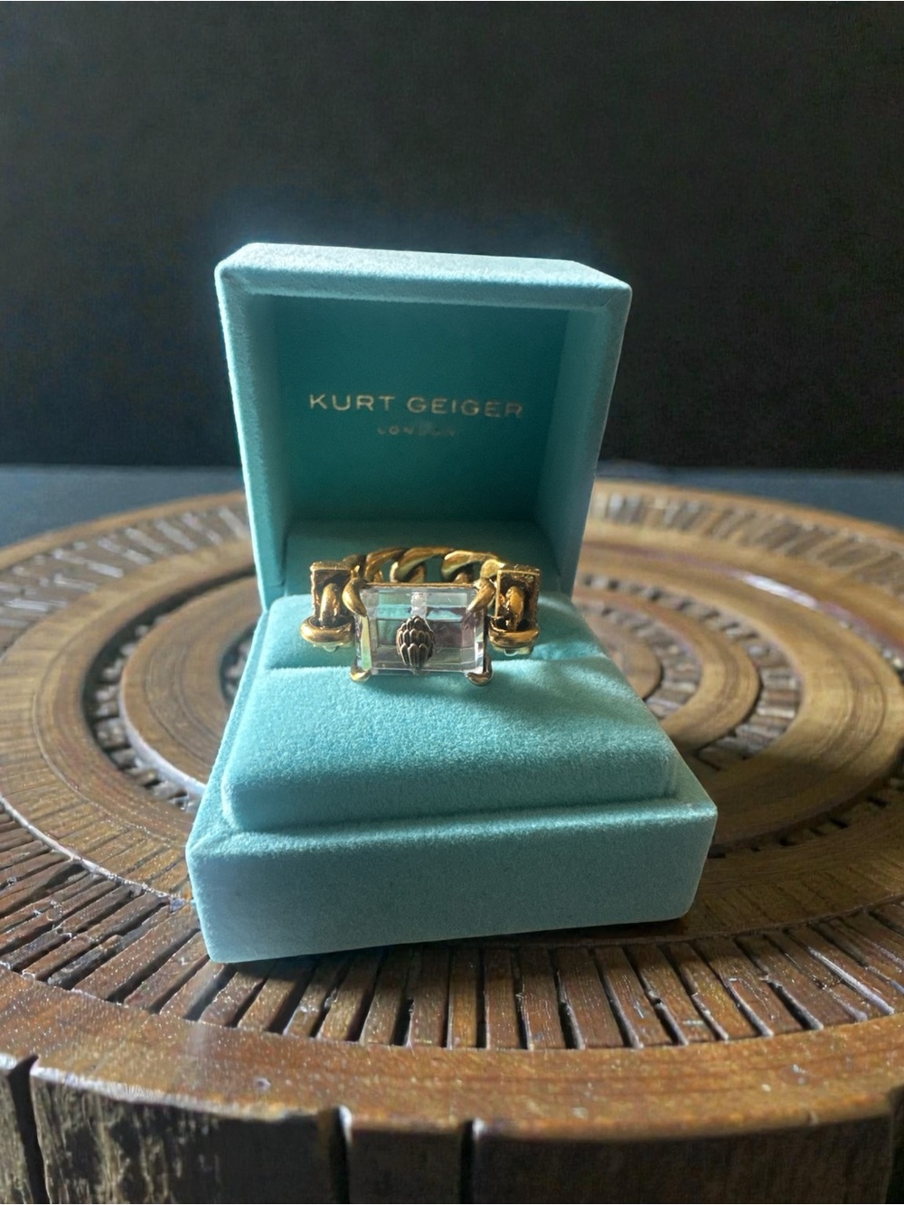 Kurt Geiger London Eagle's Head Crystal Chain Cocktail Ring  - Size 8